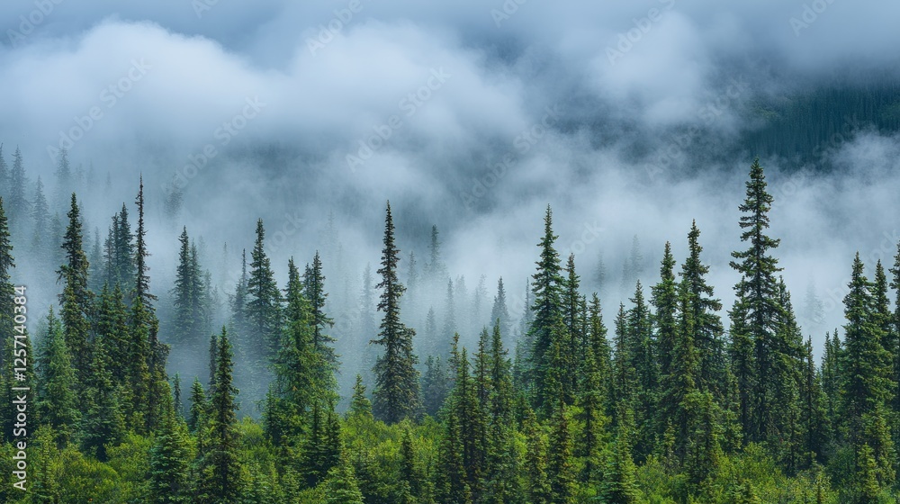 Poster a dense evergreen forest is partially obscured by low clouds