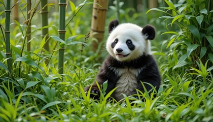 Fototapeta premium A young panda cub cautiously peeking from behind tall green bamboo in a lush forest setting, evoking a sense of natural beauty and innocence in its serene habitat. 
