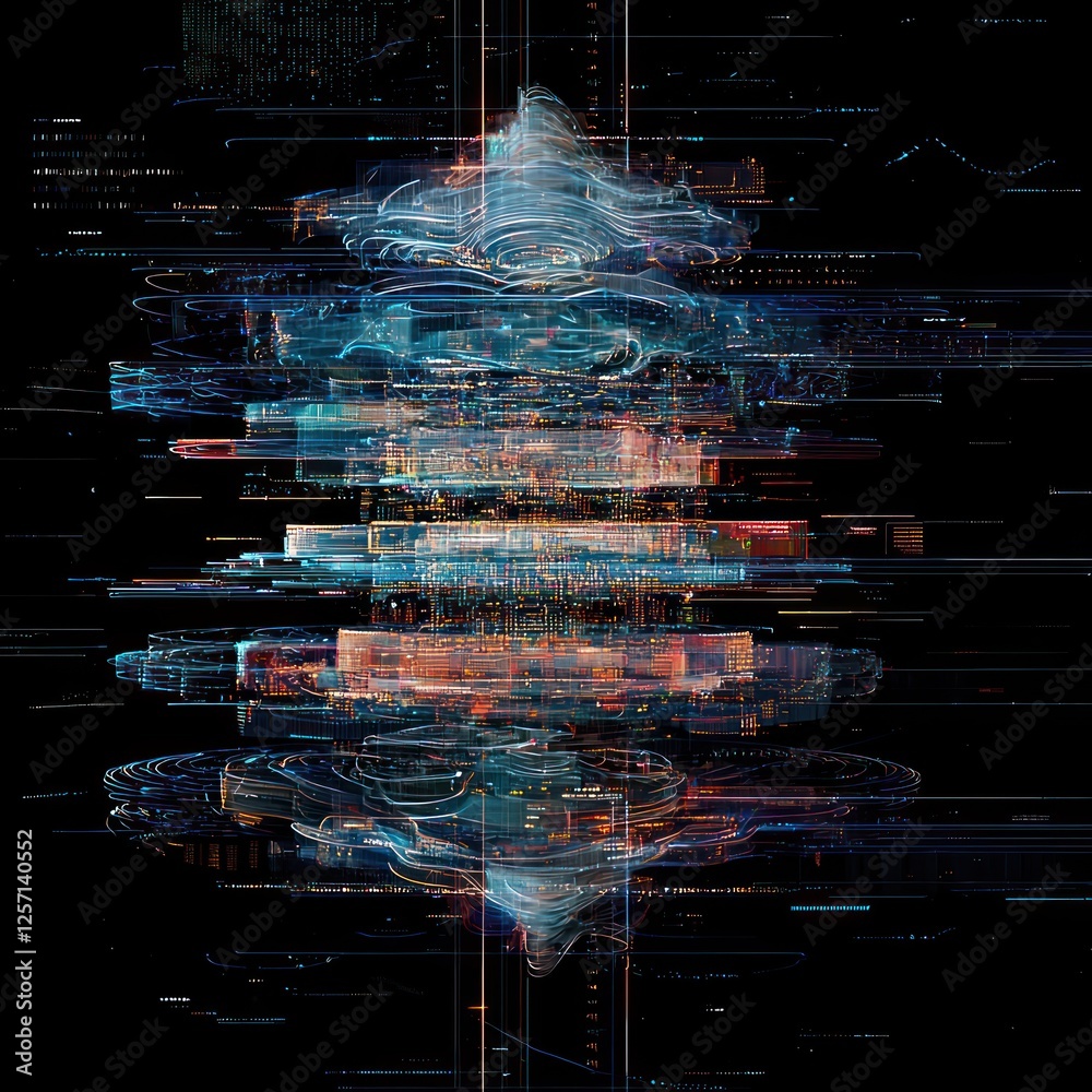 Poster digital ai hub displaying multiple processing layers , interconnected smart intelligence forming.