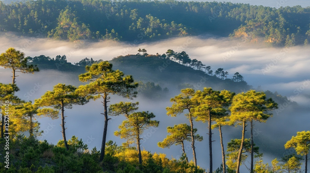Poster fog sweeps through a forest of tall coniferous trees