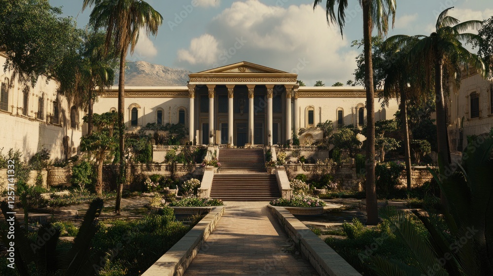 Aufkleber Grand classical building with columns and lush gardens is displayed