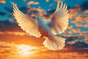 Obraz premium White Dove Flying at Sunset