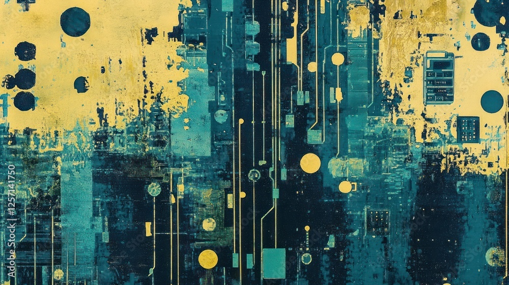 Poster circuit board abstraction with teal lines and yellow accents