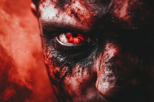 A close-up reveals a demonic eye, burning red against a backdrop of dark, bloody textures and red smoke.  The face is scarred and menacing.