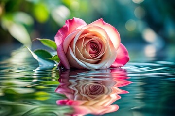 Floating pink rose flower on calm water with serene reflection