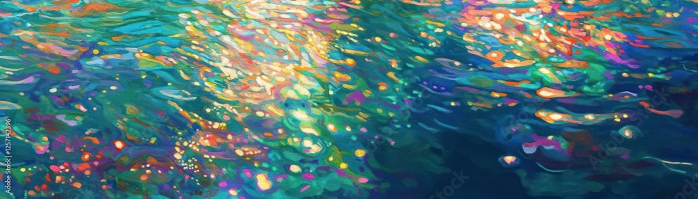 Poster abstract painting depicting shimmering water surface with colorful reflections