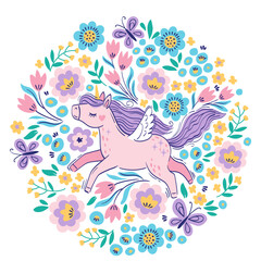 Hand drawn vector round frame. Cute unicorn among fantasy flowers. Bright illustration in pastel colors for design children's room, clothing, nursery, poster