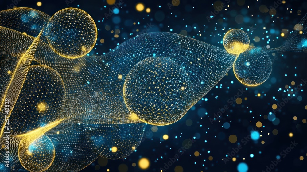Poster abstract network of interconnected spheres against a dark backdrop