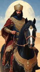 Fototapeta premium warrior in ethnic attire on a black horse in the desert