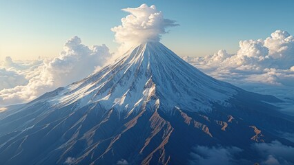 Snow-Capped Volcano Rising Above the Clouds