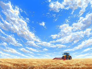 Obraz premium Tractor harvesting wheat under a vibrant sky