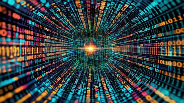 Futuristic digital scene with binary code and vibrant colors.