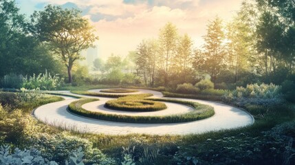 Serpentine path in a tranquil garden at sunrise.