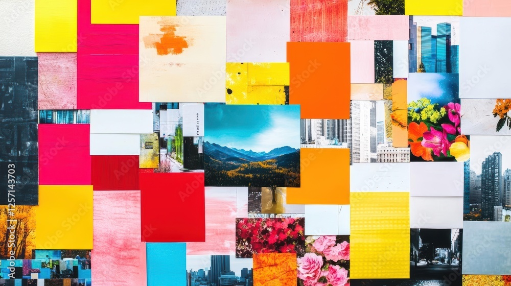 Aufkleber wall covered with a variety of colorful photographs in different sizes and arrangements