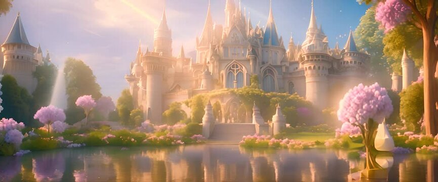 A grand castle in fairy tale fairyland, with towering spires that touch the fluffy clouds, surrounded by a shimmering moat filled with sparkling water