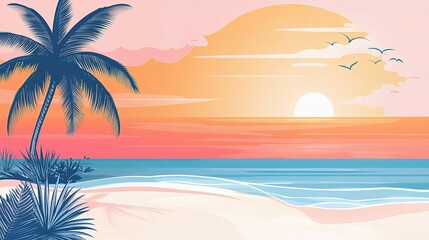 Obraz premium Trendy Flat Vector Illustration of Spring with Palm Tree and Sunset