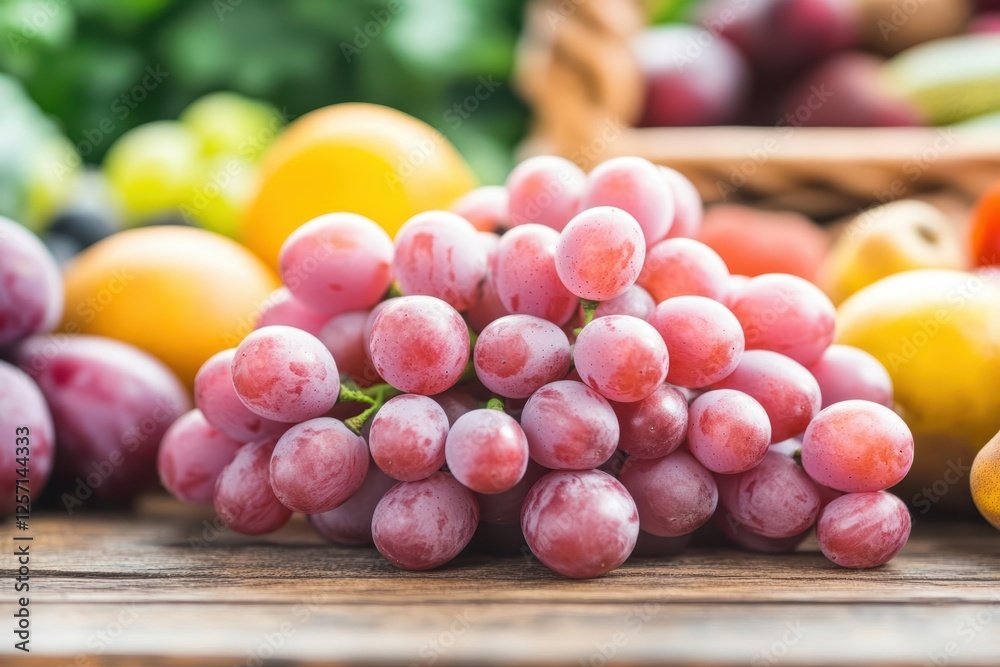 Poster fresh grapes and assorted fruits displayed on a rustic wooden table in natural light