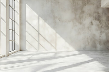 Obraz premium Sunlit empty loft interior, concrete wall, large window