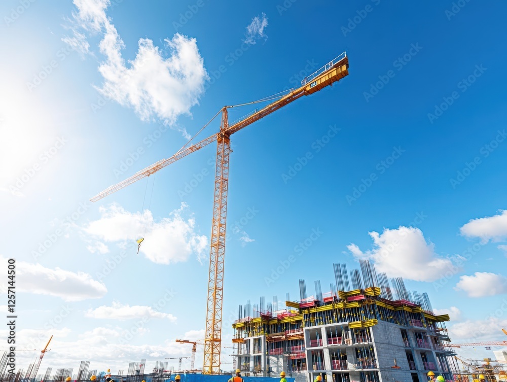 Aufkleber crane on a construction site with building materials and equipment in the background during daylight