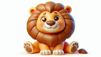 Cute 3d cartoon lion cub sitting with happy smiling face and adorable big eyes isolated on white background for kids books animation branding