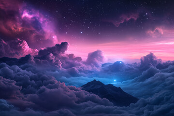 Dreamscape: Mountains and Cosmic Clouds at twilight.