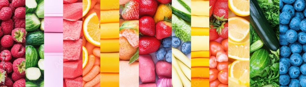 Poster assorted fresh fruits and vegetables displayed on a wooden table in natural light