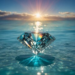A giant transparent diamond floating on the surface of a turquoise ocean, refracting sunlight into a mesmerizing rainbow.