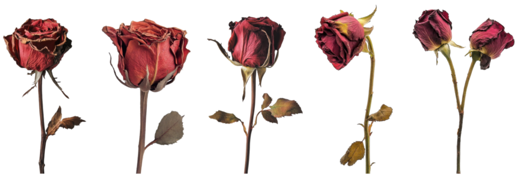 Dried red rose collection, isolated background
