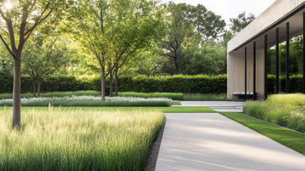 Fototapeta premium Modern landscape design featuring serene greenery and contemporary architecture