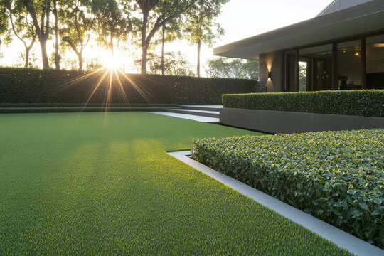 Sunrise light illuminating a modern garden with manicured lawns and hedges