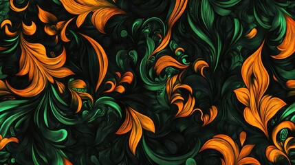 Ornate seamless pattern with orange and teal floral swirls.
