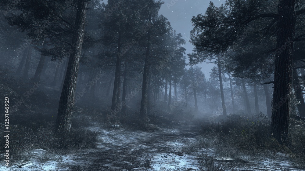 Poster A snowy path winds through a dense and mysterious forest