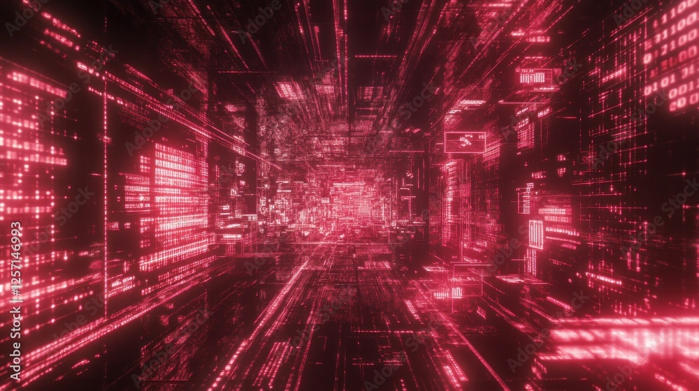 Poster Futuristic red cityscape corridor with binary and digital information