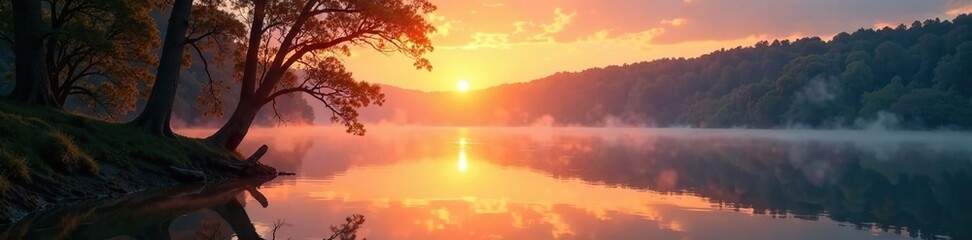 Fototapeta premium Lake's surface reflects tree's branches as sun rises over the surrounding trees, water, lake