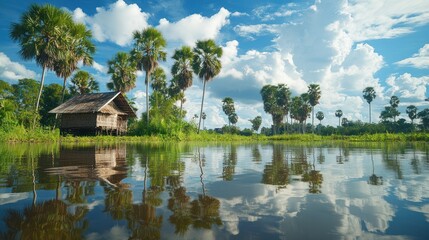 Obraz premium Tropical hut reflecting in calm lake, palm trees, sky