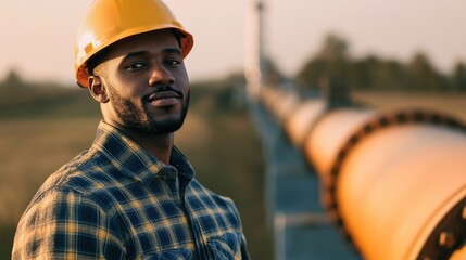 Engineer surveys gas pipeline, demonstrating expertise in a clean, natural setting