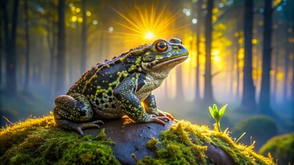 Fototapeta premium Majestic Frog Sitting on Rock Surrounded by Forest Light