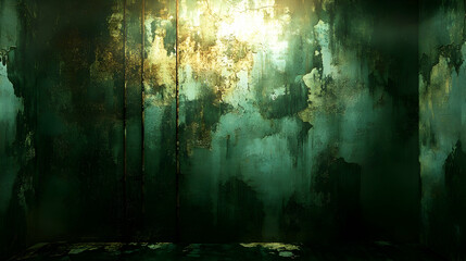 Dark, grunge room; peeling paint, light above. Background texture for horror, mystery