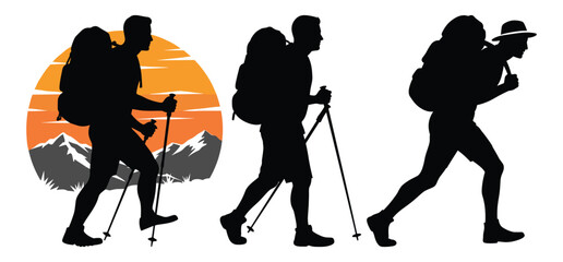 Hiking Man Vector Hiker and  silhouette with white background