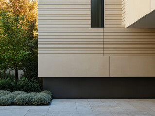 Fototapeta premium Modern architectural design featuring textured walls and landscaping in bright daylight