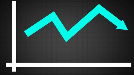 Obraz premium A business graph up to a down blue arrow. Blue arrow chart graph on a black background with a grid.