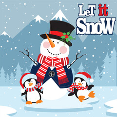 Christmas card with snowman and penguin