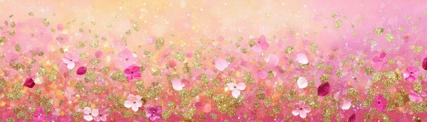 Dreamy floral background with pink blossoms and golden glitter