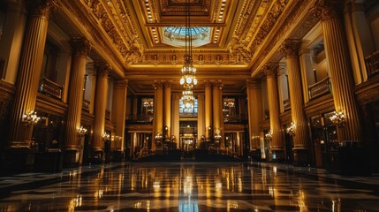 Obraz premium Opulent lobby featuring marble floor and tall golden columns