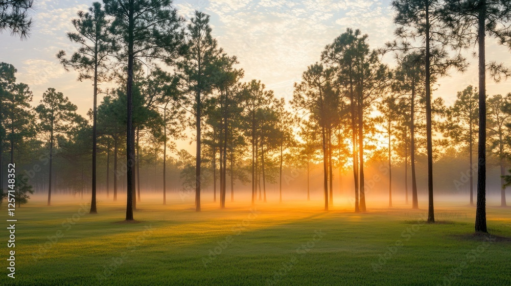 Poster sunrise filters through the trees in a foggy landscape