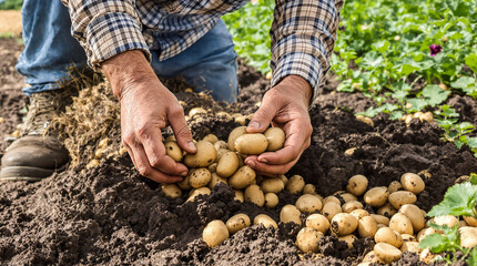 A man is holding a bunch of potatoes in his hands