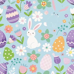 Seamless Easter pattern with bunnies, decorated eggs, and flowers