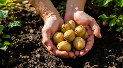A man is holding a bunch of potatoes in his hands