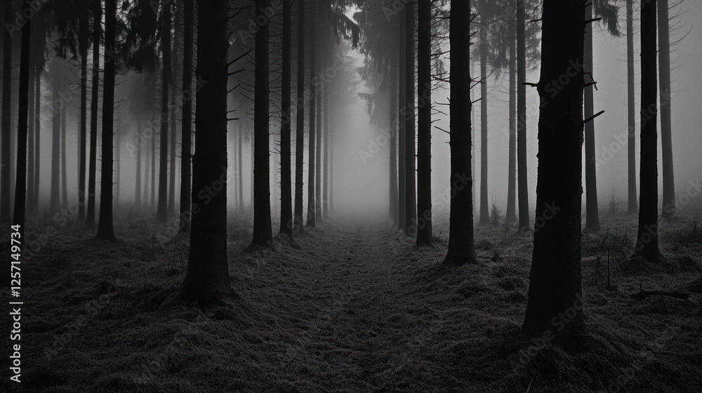 Poster fog shrouds the haunting path through a dark forest