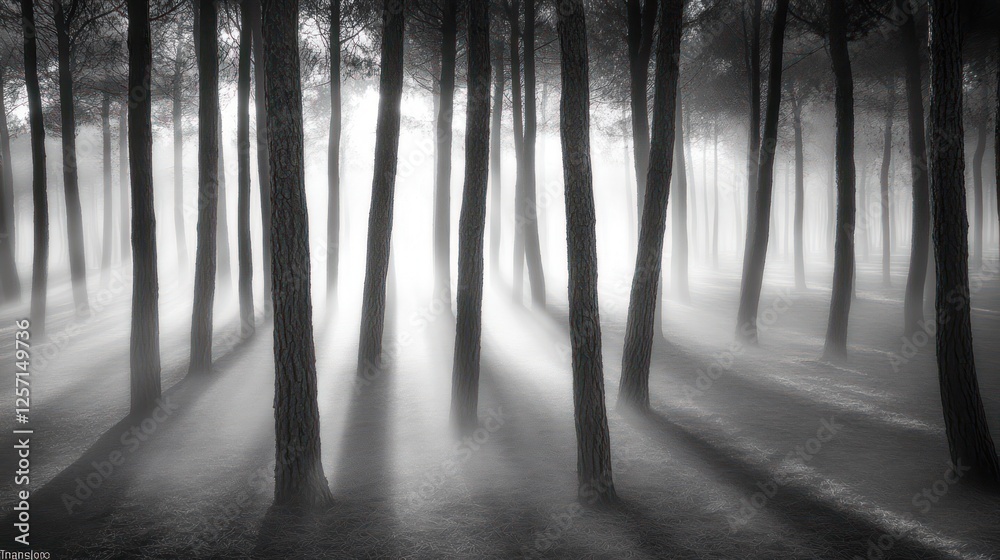 Poster trees stand tall as fog fills a silent forest
